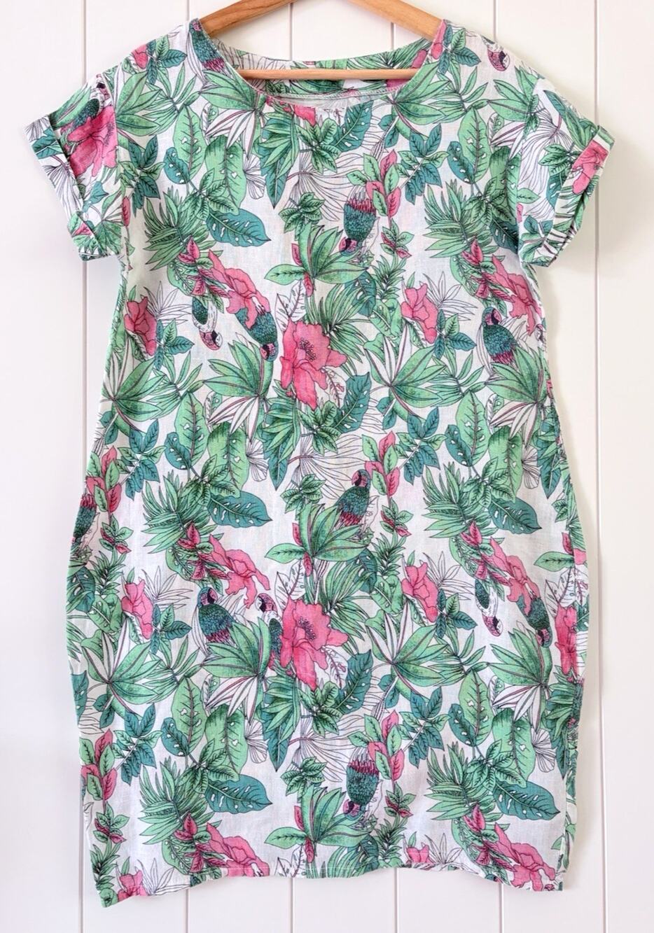 Alessia Pacini Italy 100% Linen Dress Tropical Parrot Bird Print Cocoon Resort S